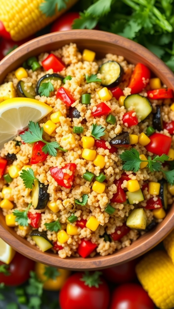 A bowl of crispy quinoa salad with roasted vegetables and fresh parsley, garnished with lemon slices.